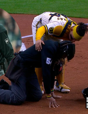 Umpire C.B. Bucknor golpeado por un batazo de foul (FOTO: Especial)