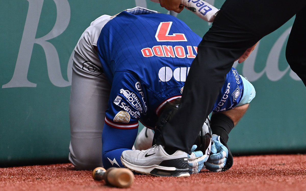Jasson Atondo tras ser golpeado por un batazo de foul en el Diablos vs. Olmecas